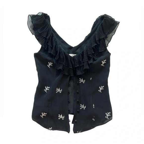 Cinq a Sept Embroidered Gia Ruffle Neckline Black Floral Silk blouse Top XS - Picture 4 of 9